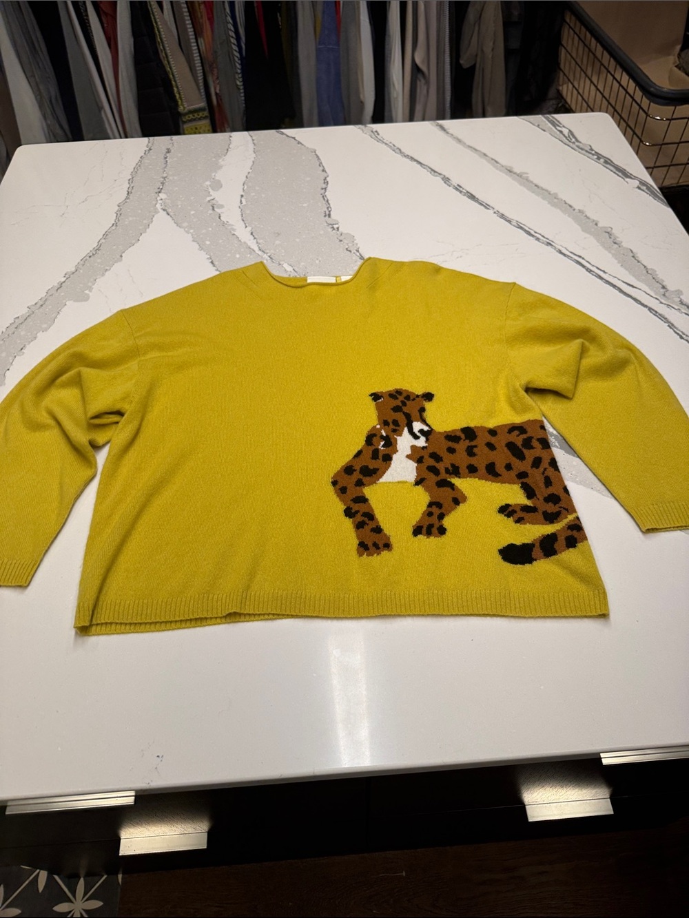 Maeve Mustard Yellow Leopard 100% Cashmere Crewneck Sweater Sz2X